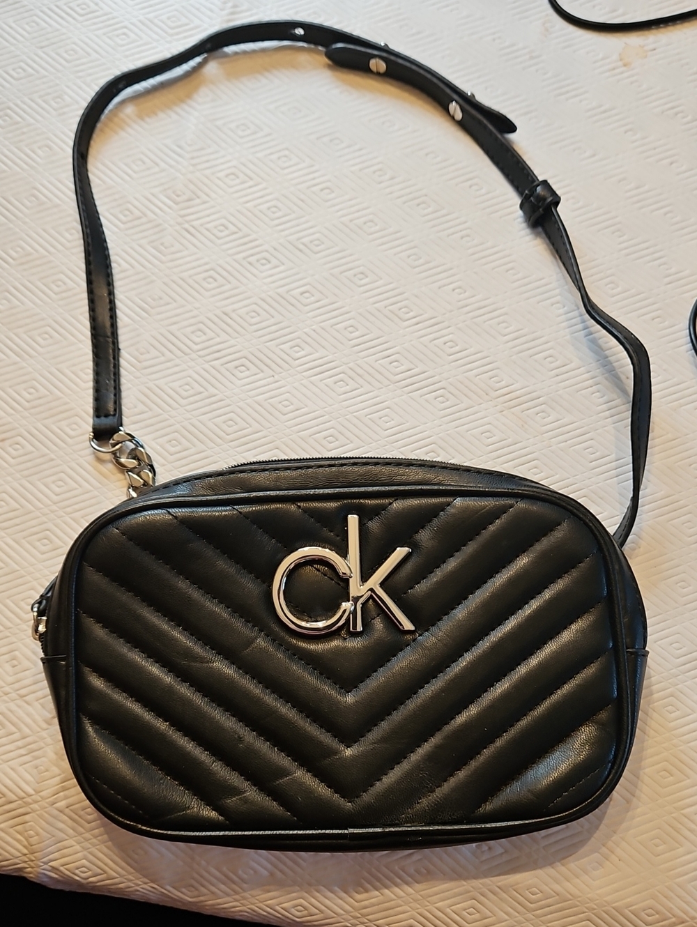 Calvin Klein Black Quilted Chevron Crossbody Bag with CK Logo